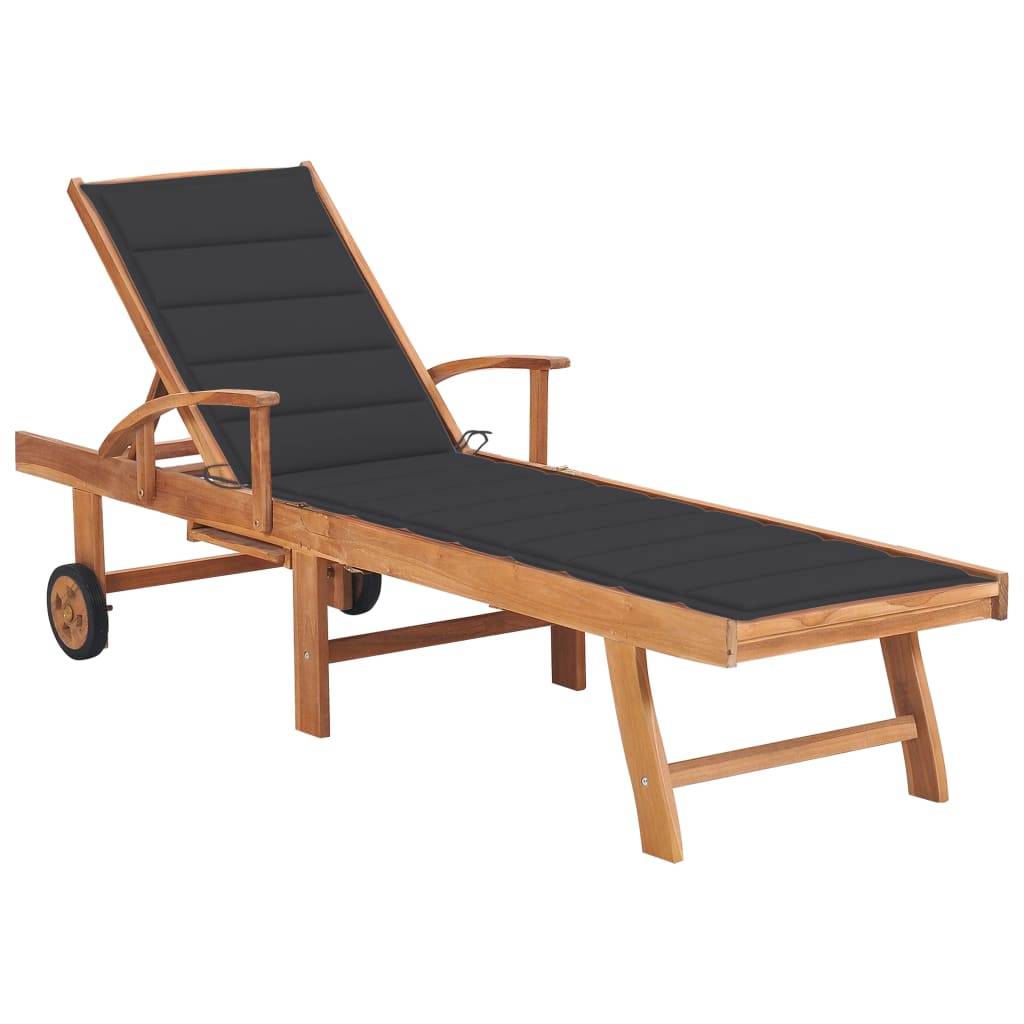 Helloshop26 - Transat chaise longue bain de soleil lit de jardin terrasse meuble d'extérieur avec coussin anthracite bois de teck solide - Image 1