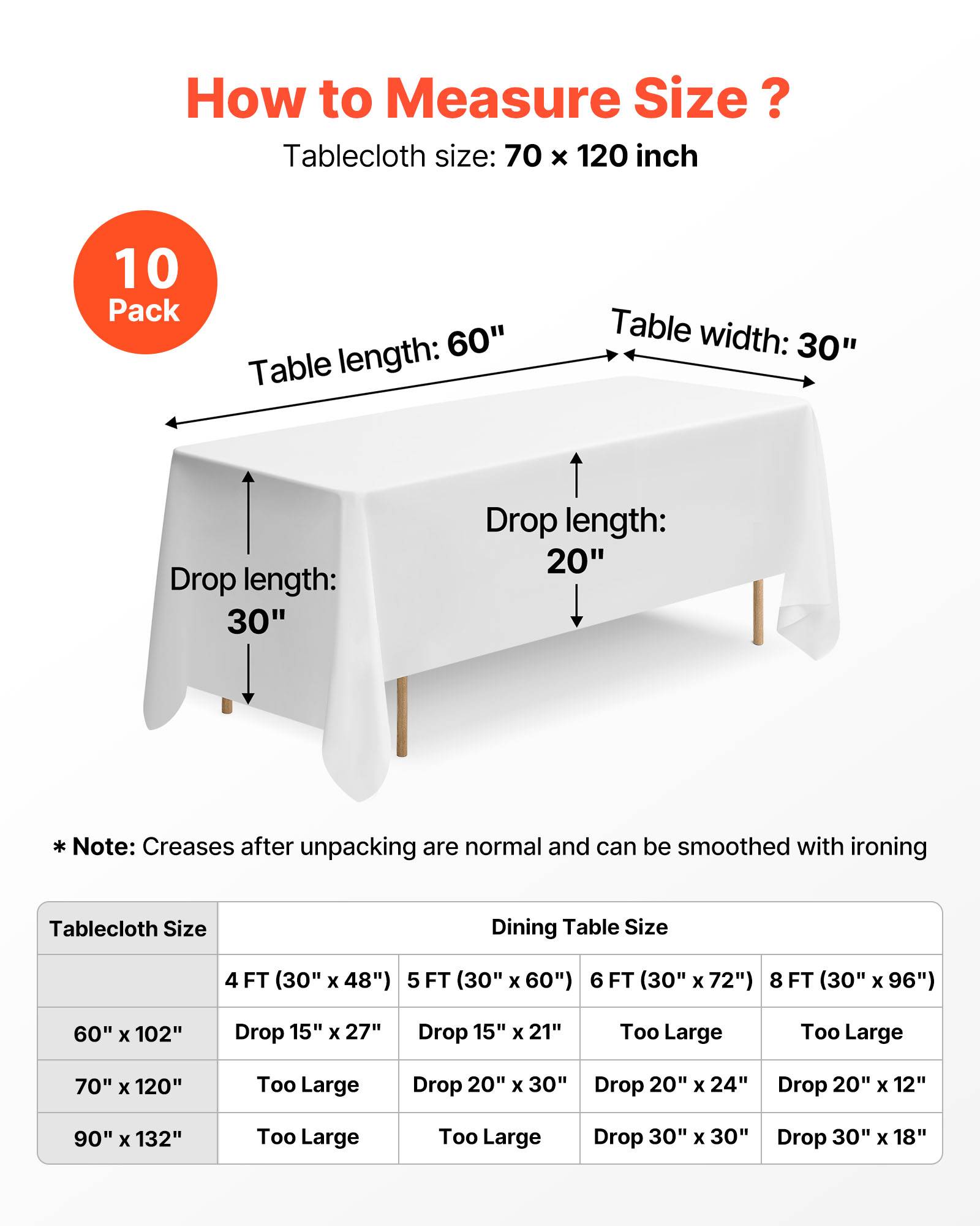 Vevor - VEVOR Nappe rectangulaire blanche en polyester 1778x3048 mm 10 pcs pour mariage - Image 5