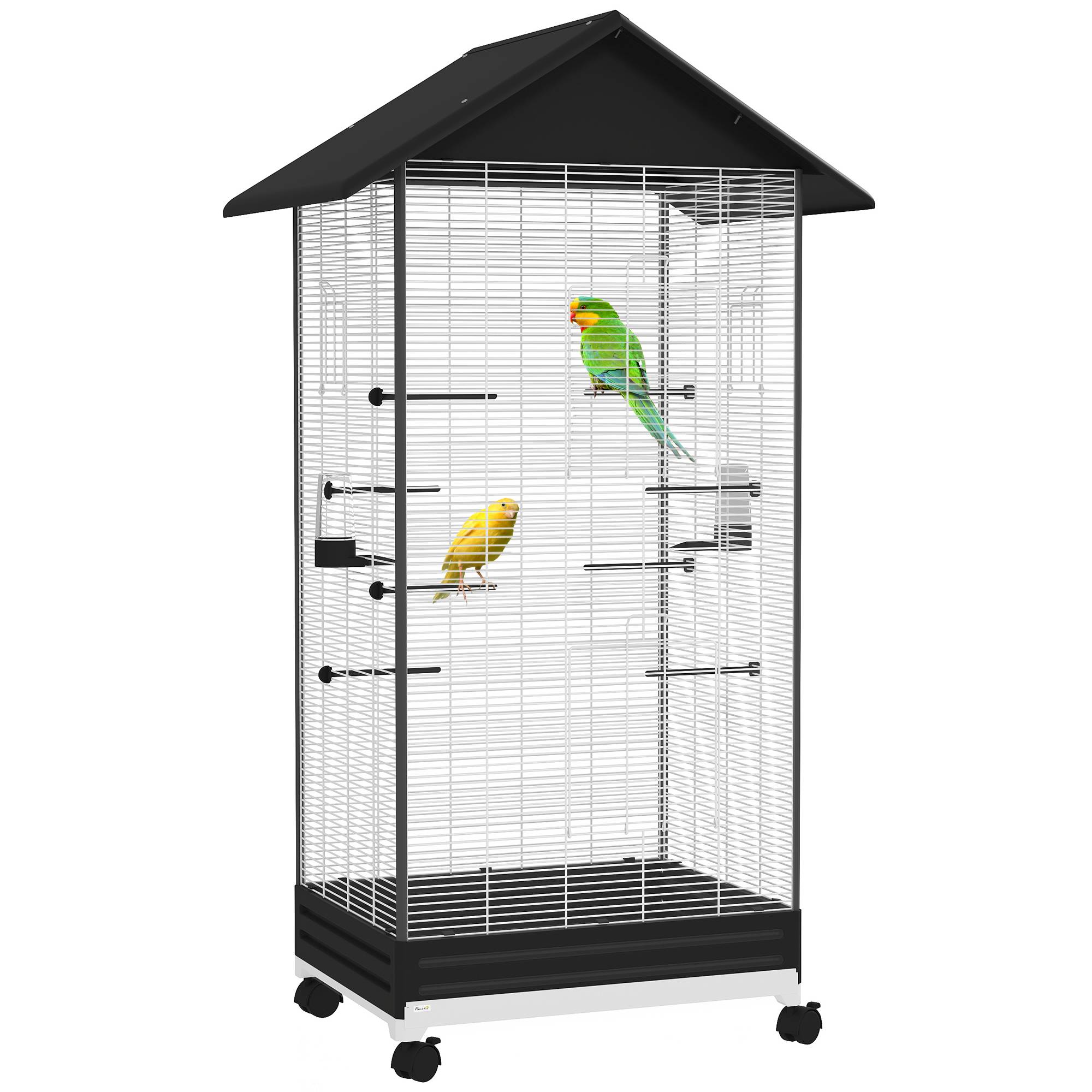 Sans Marque - Cage oiseau sur pied volière oiseaux intérieure sur roulettes 2 mangeoires 8 perchoirs 79 x 65 x 155 cm fil d'acier noir - Image 1