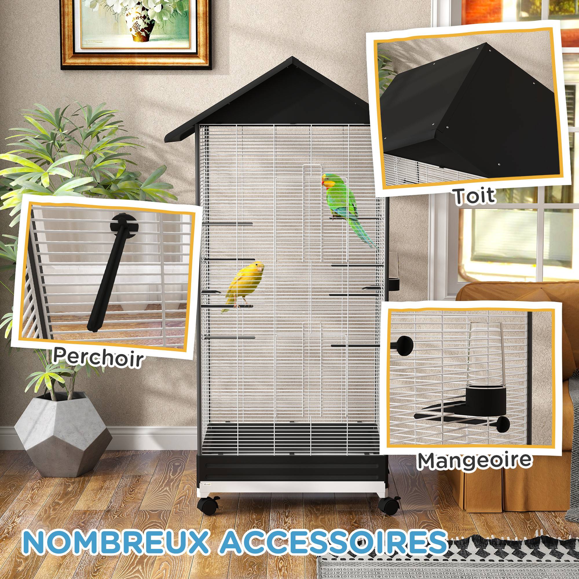 Sans Marque - Cage oiseau sur pied volière oiseaux intérieure sur roulettes 2 mangeoires 8 perchoirs 79 x 65 x 155 cm fil d'acier noir - Image 10