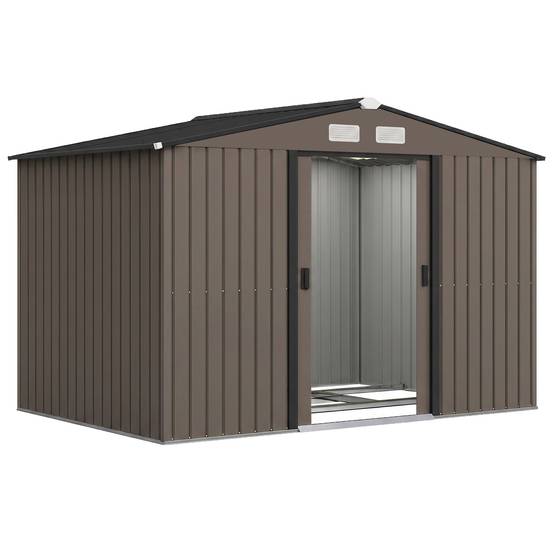 Remise de jardin 4,9 m² 277x195x192 cm 2 portes coulissantes toit incliné 4 fenêtres marron - Image 1