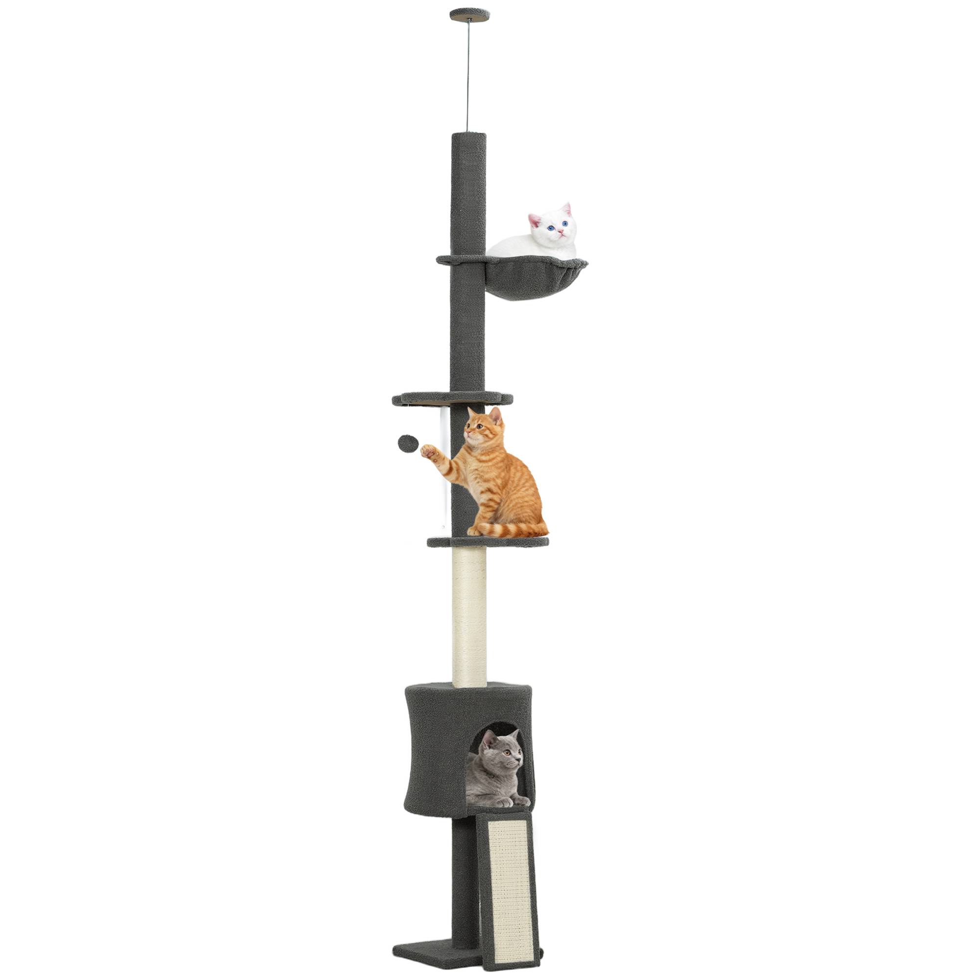 Arbre à chat avec niche, hamac, hauteur réglable, griffoir recouvert de tissu, gris - Image 1