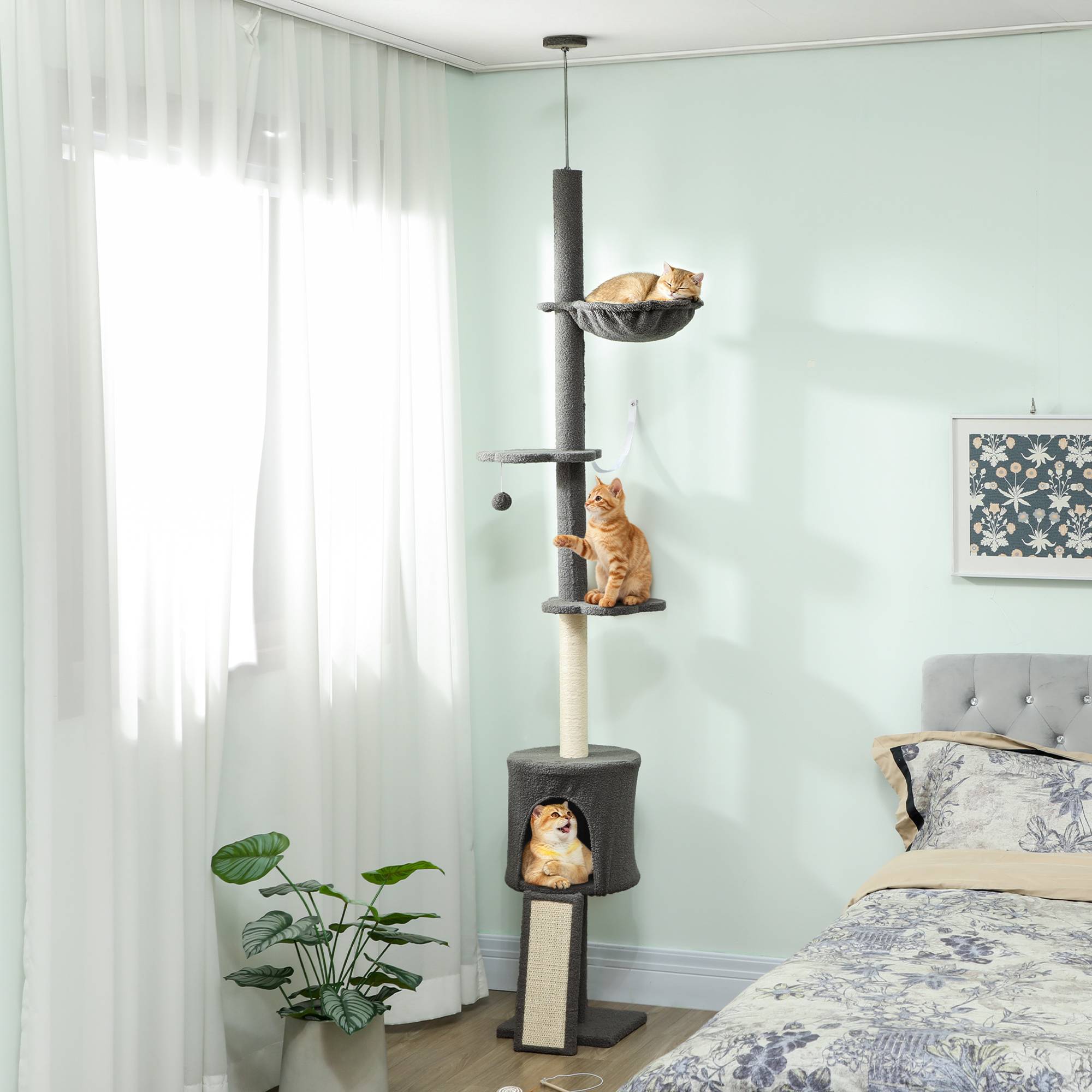 Arbre à chat avec niche, hamac, hauteur réglable, griffoir recouvert de tissu, gris - Image 3