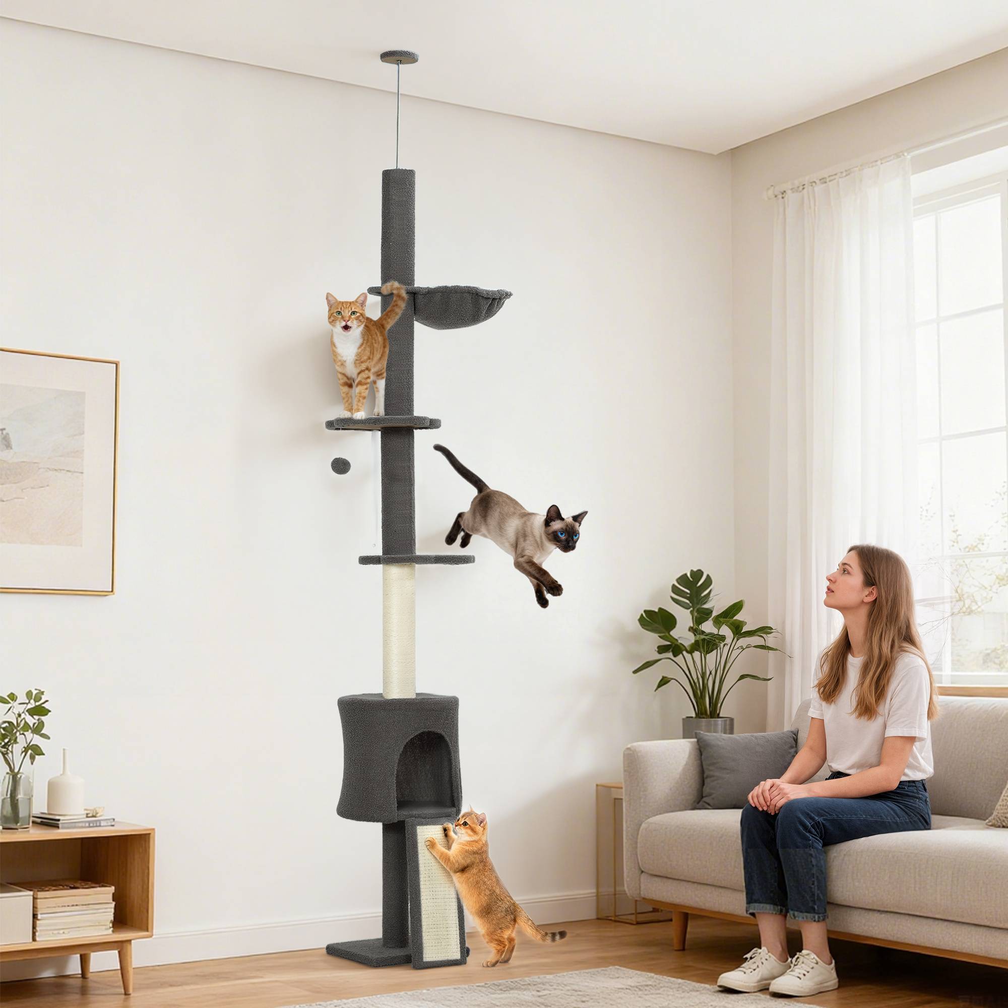 Arbre à chat avec niche, hamac, hauteur réglable, griffoir recouvert de tissu, gris - Image 4