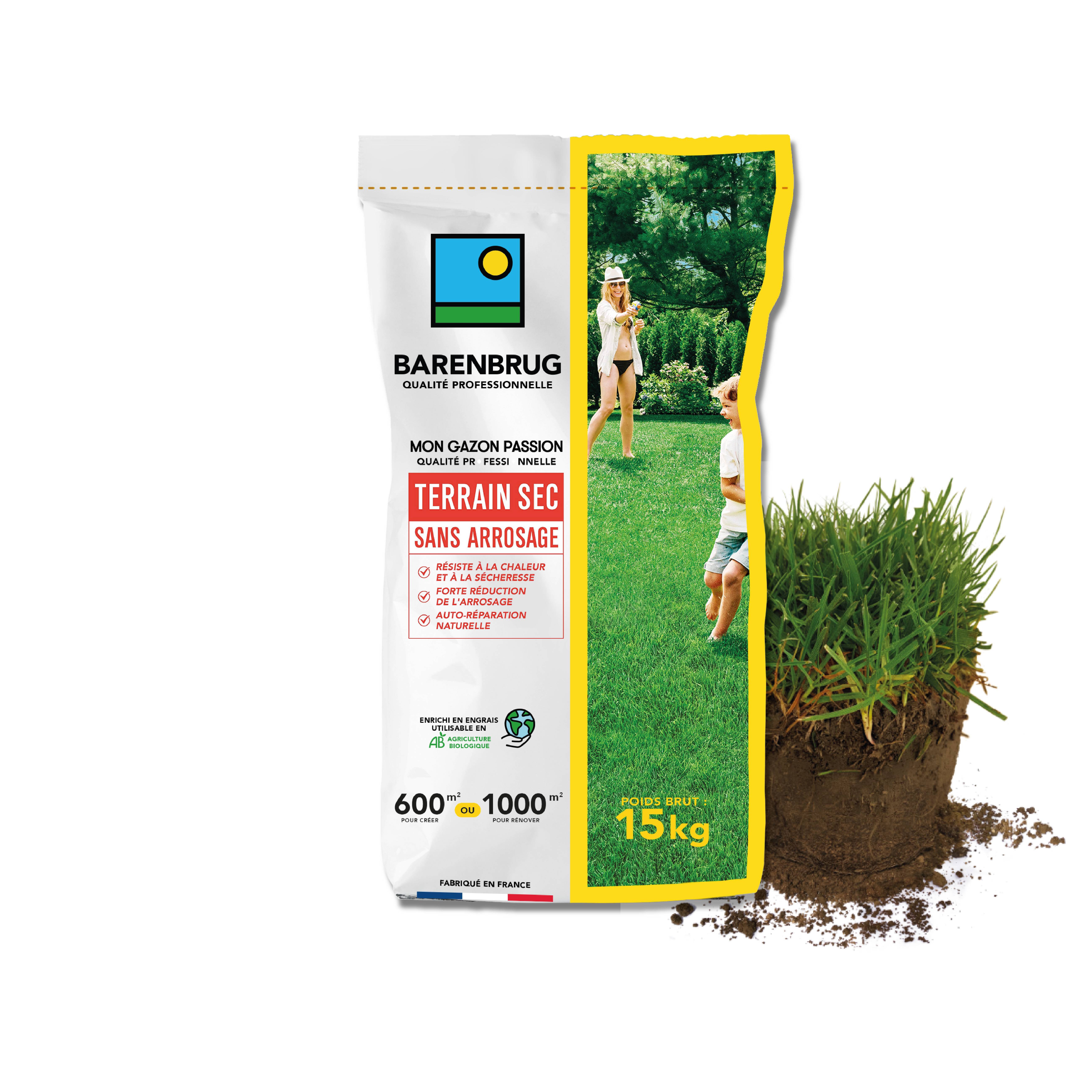 Gazon Terrain Sec sans arrosage - Résiste à la Chaleur et à la Sécheresse - Forte Réduction de l'Arrosage - Autoréparation Naturelle- 15KG - BARENBRUG - Image 1