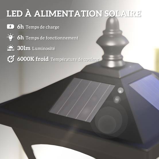Homcom - Lampadaire solaire extérieur sur pied lanterne classique LED 30 Lm 15x15x120cm éclairage solaire noir - HOMCOM - Image 4