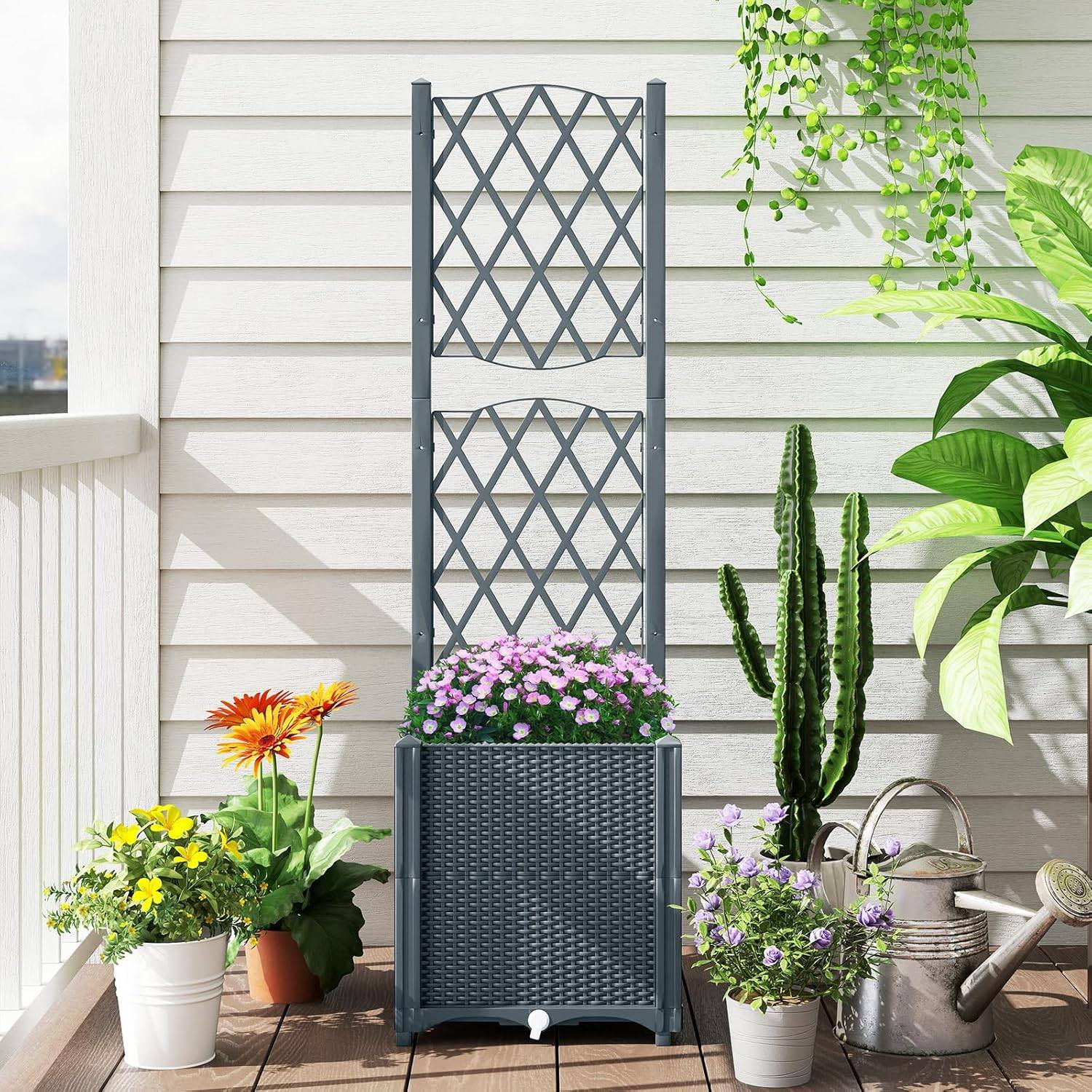Jardinière avec Treillis sur Pied, Bac de Plantation Auto-arrosage en Rotin PP avec Trou de Drainage, Légumes, Fleurs, Gris, 40 x 40 x 140 cm - Image 2