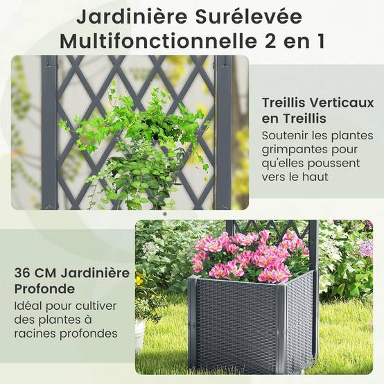 Jardinière avec Treillis sur Pied, Bac de Plantation Auto-arrosage en Rotin PP avec Trou de Drainage, Légumes, Fleurs, Gris, 40 x 40 x 140 cm - Image 6