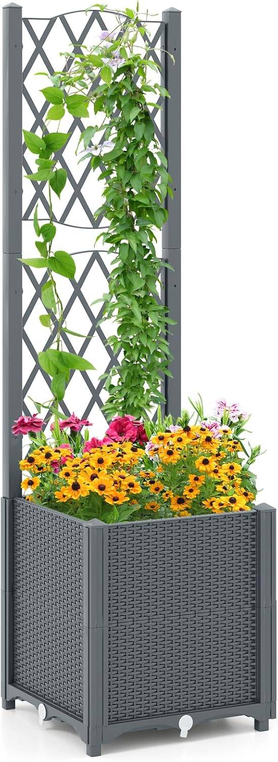 Jardinière avec Treillis sur Pied, Bac de Plantation Auto-arrosage en Rotin PP avec Trou de Drainage, Légumes, Fleurs, Gris, 40 x 40 x 140 cm - Image 1