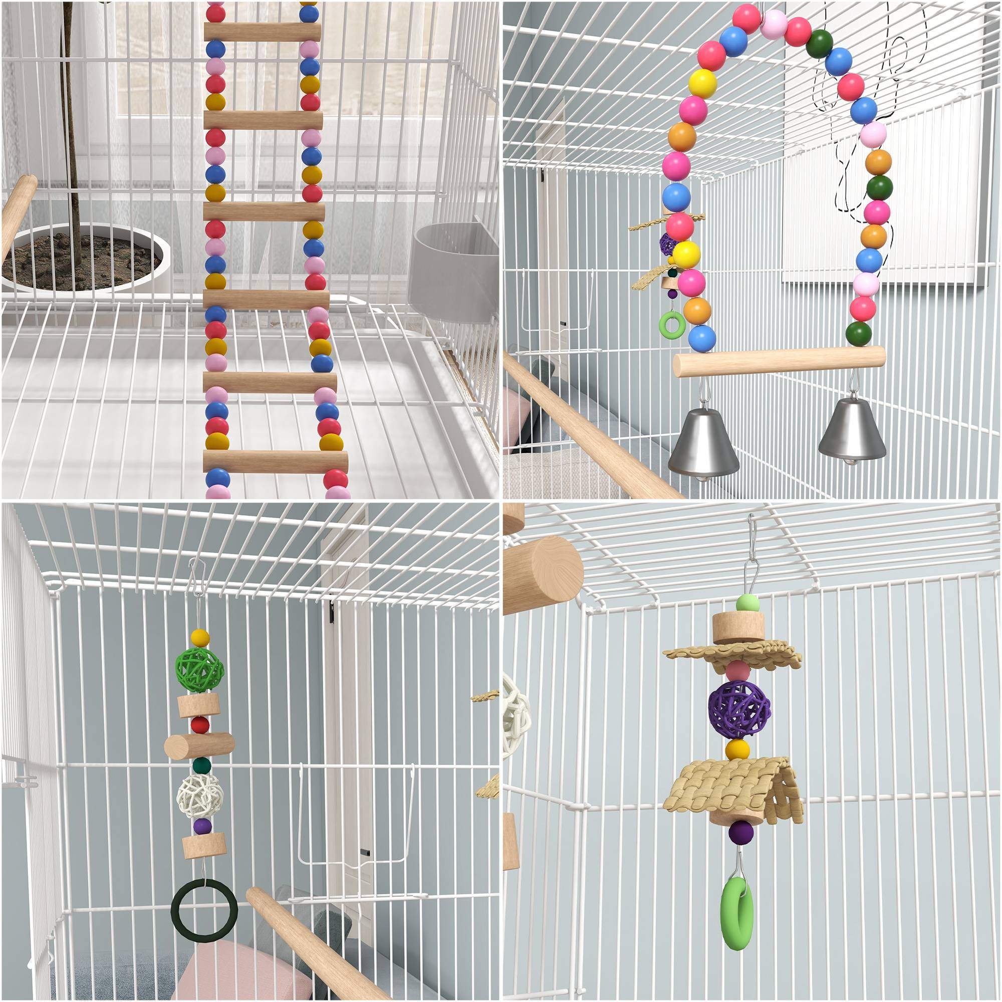 Cage à oiseaux sur pieds roulettes avec 4 mangeoires et 3 perchoirs 79 x 49 x 133 cm blanc - Image 6