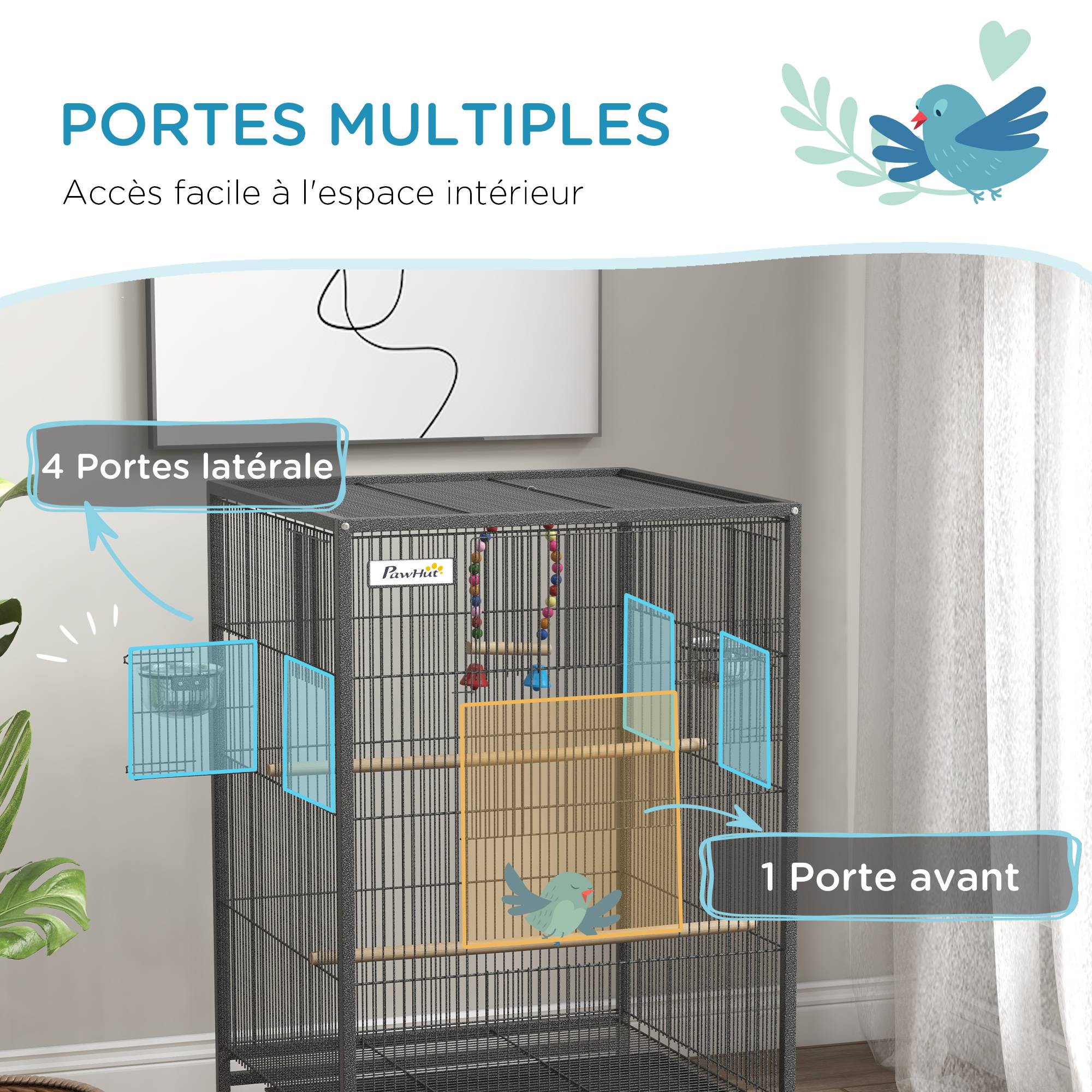 Sans Marque - Cage oiseau sur pied cage sur roulettes avec balançoire, perchoirs et plateau coulissant 48 x 46 x 78 cm en acier noir - Image 6
