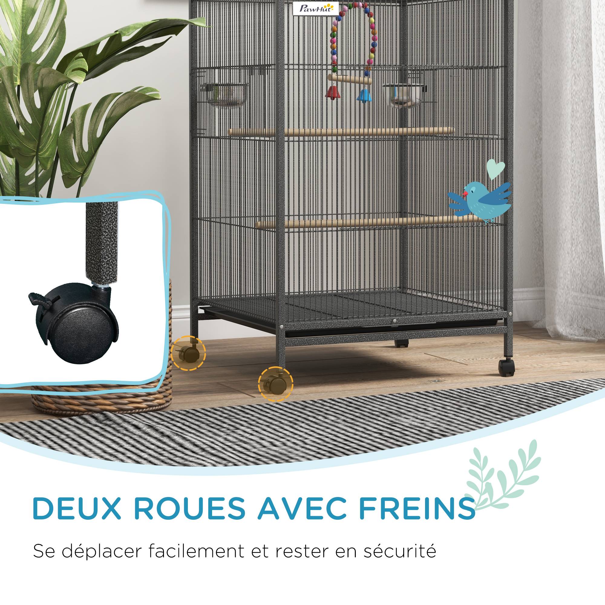 Sans Marque - Cage oiseau sur pied cage sur roulettes avec balançoire, perchoirs et plateau coulissant 48 x 46 x 78 cm en acier noir - Image 9