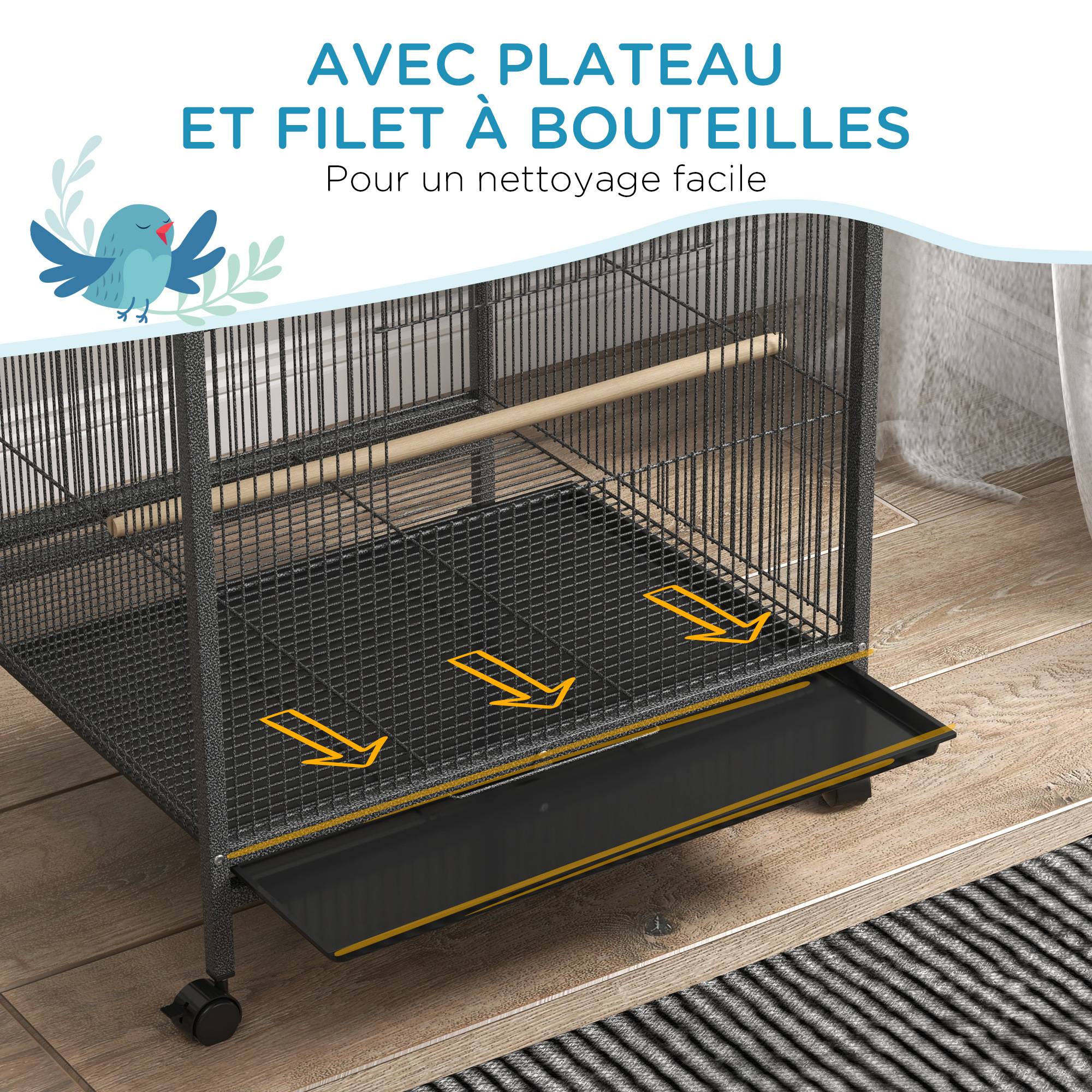 Sans Marque - Cage oiseau sur pied cage sur roulettes avec balançoire, perchoirs et plateau coulissant 48 x 46 x 78 cm en acier noir - Image 8