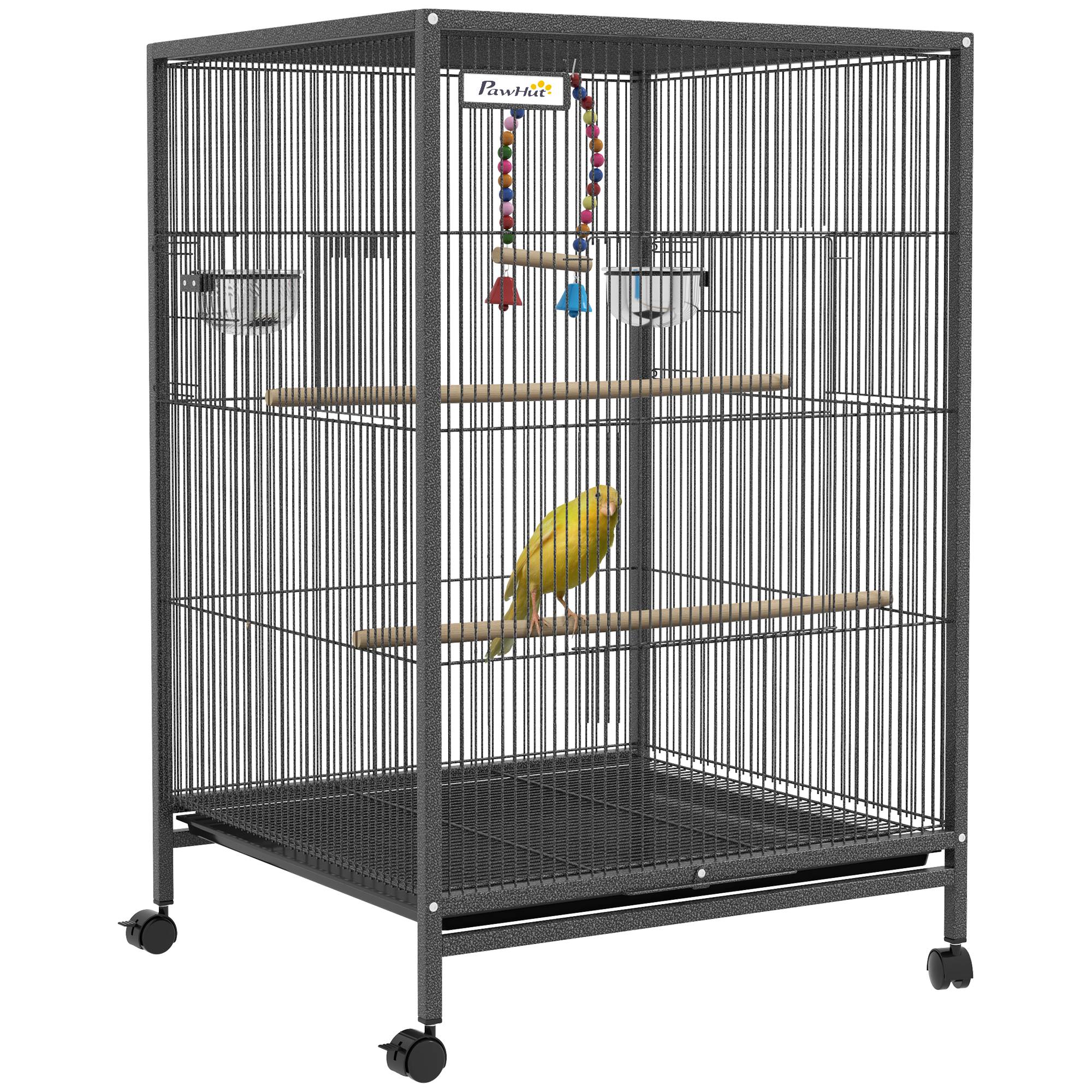 Sans Marque - Cage oiseau sur pied cage sur roulettes avec balançoire, perchoirs et plateau coulissant 48 x 46 x 78 cm en acier noir