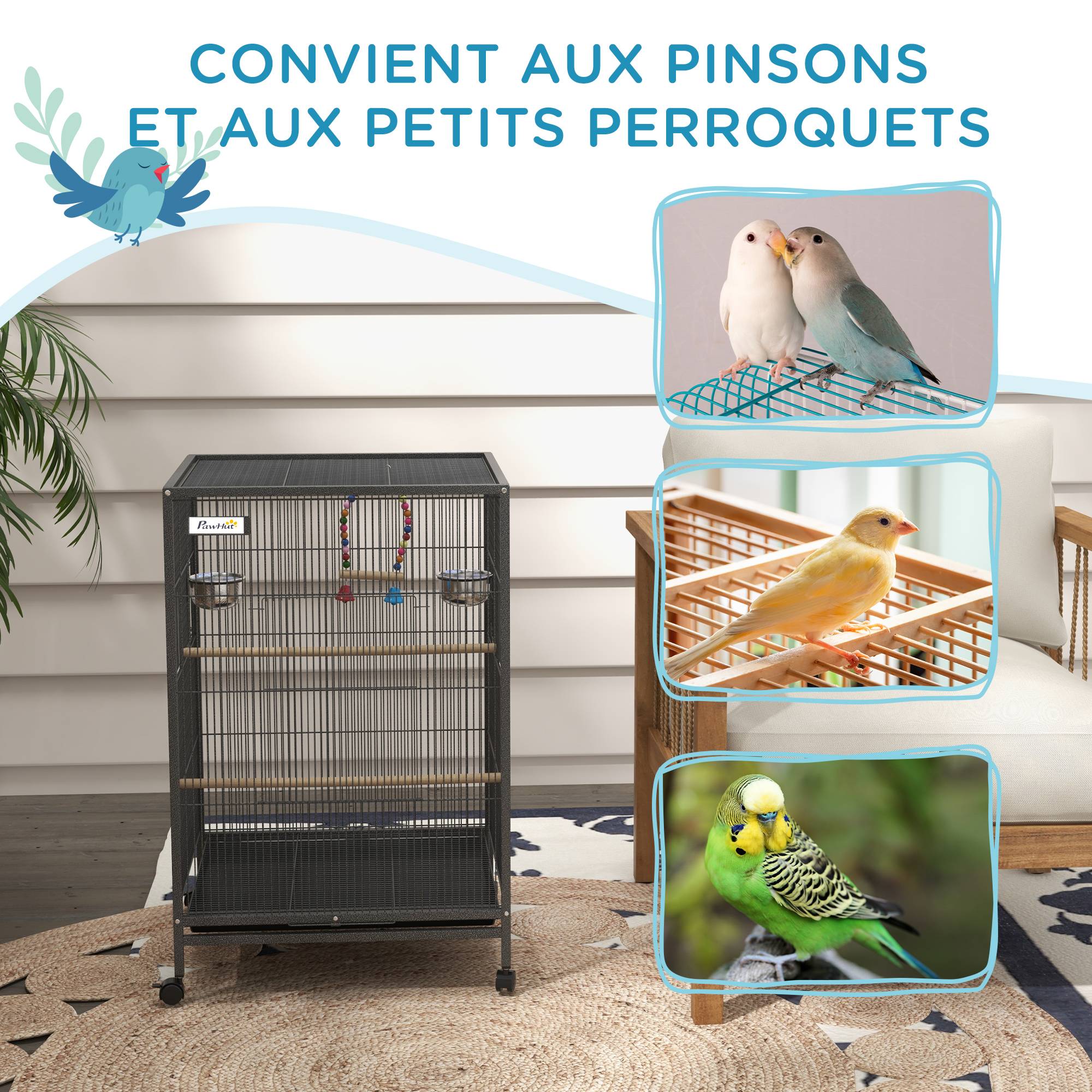 Sans Marque - Cage oiseau sur pied cage sur roulettes avec balançoire, perchoirs et plateau coulissant 48 x 46 x 78 cm en acier noir - Image 10