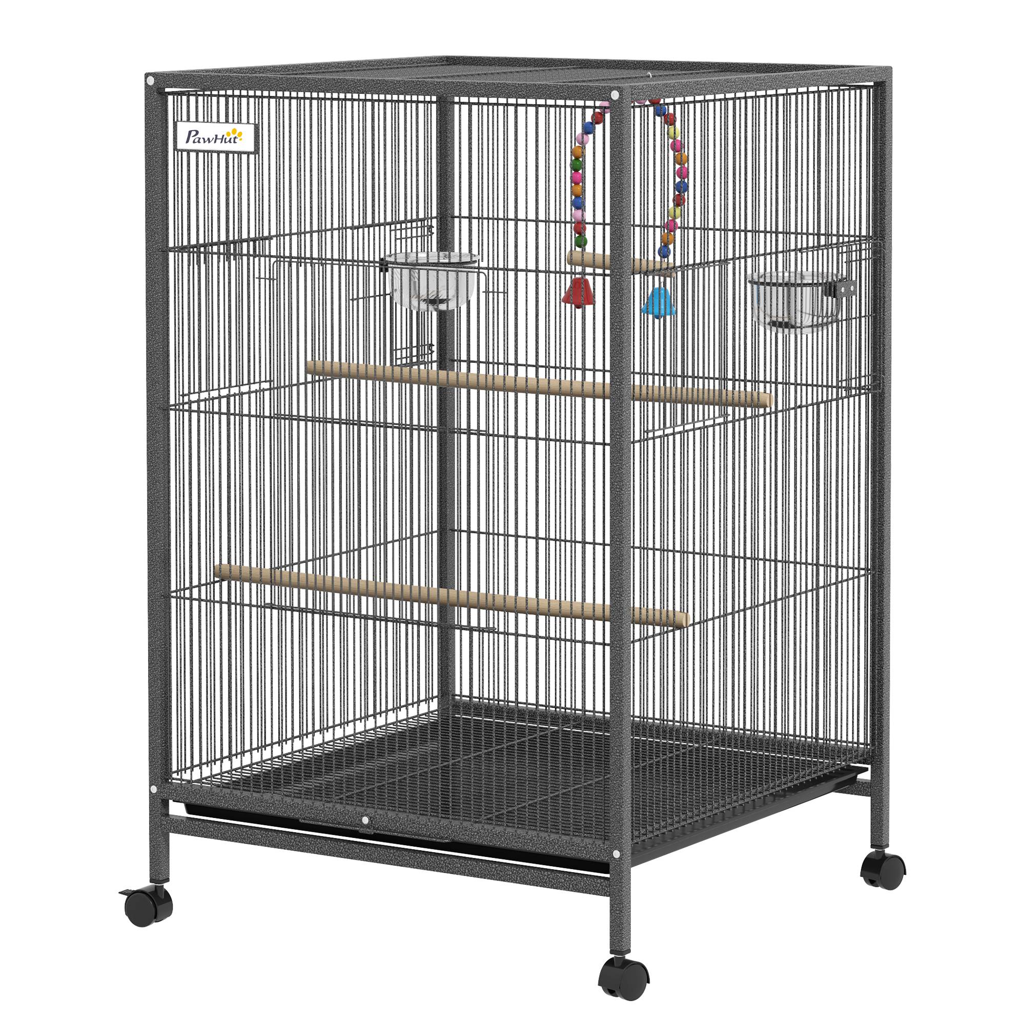 Sans Marque - Cage oiseau sur pied cage sur roulettes avec balançoire, perchoirs et plateau coulissant 48 x 46 x 78 cm en acier noir - Image 2