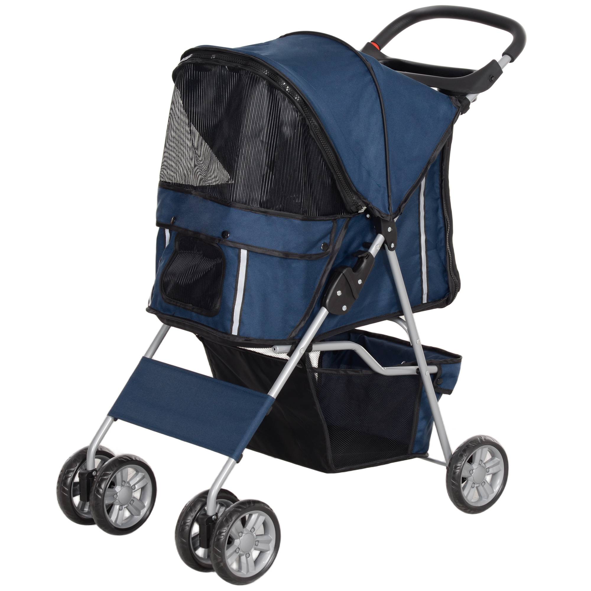 Poussette pour petit chien avec capote réglable, panier de rangement, porte-gobelet et roues, 75 x 45 x 97 cm, bleu foncé - Image 2