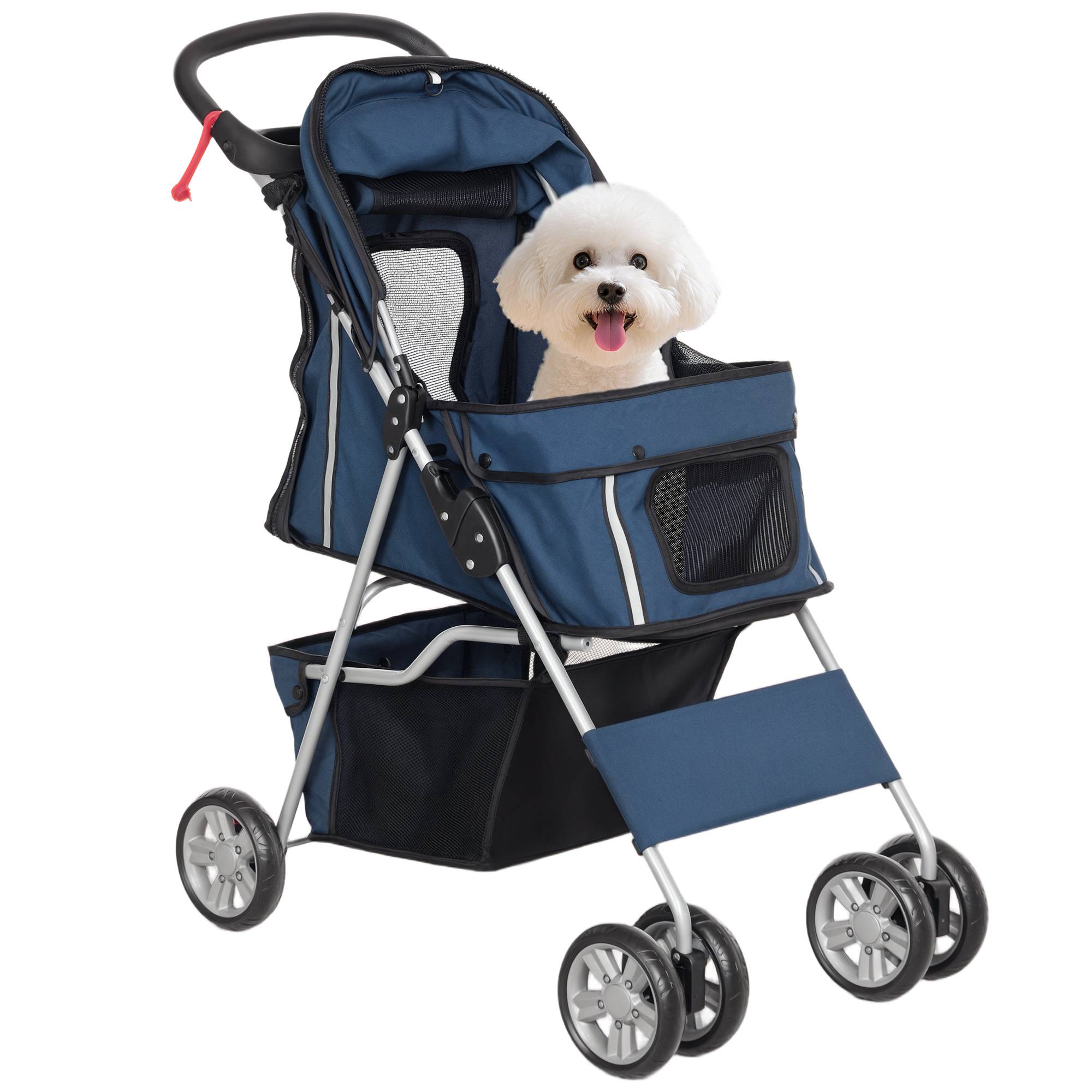 Poussette pour petit chien avec capote réglable, panier de rangement, porte-gobelet et roues, 75 x 45 x 97 cm, bleu foncé - Image 1