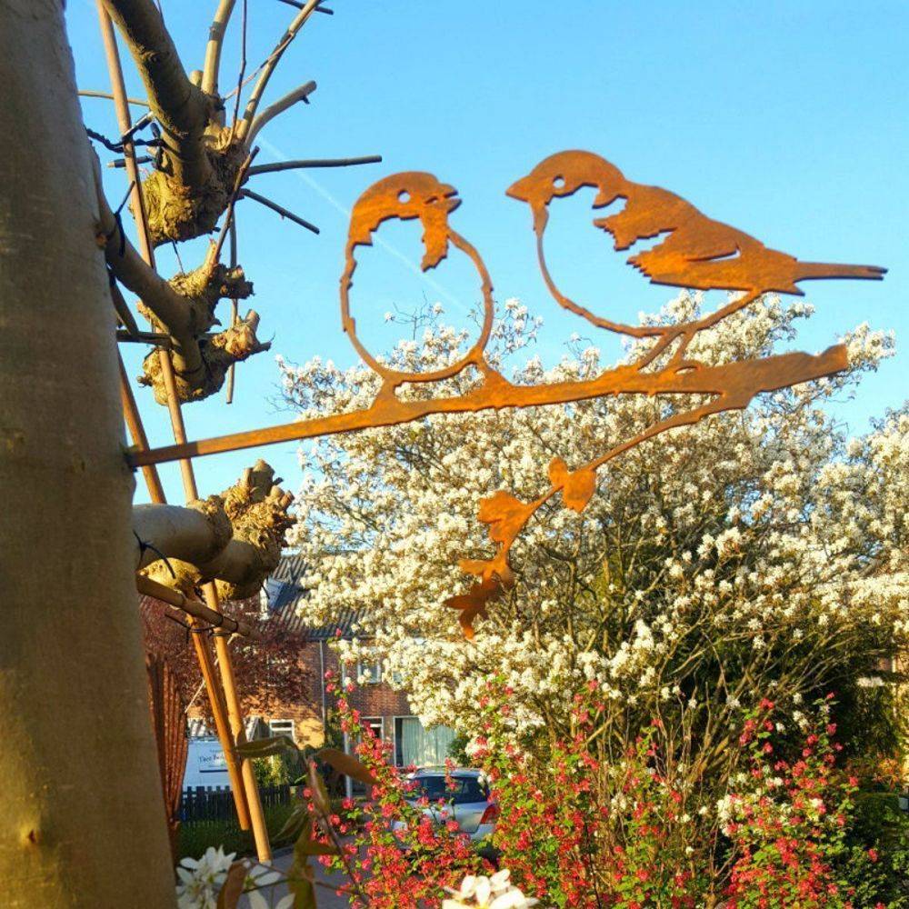 Metalbird - Oiseaux sur pique couple de moineaux en acier corten Hauteur 14cm - Image 2
