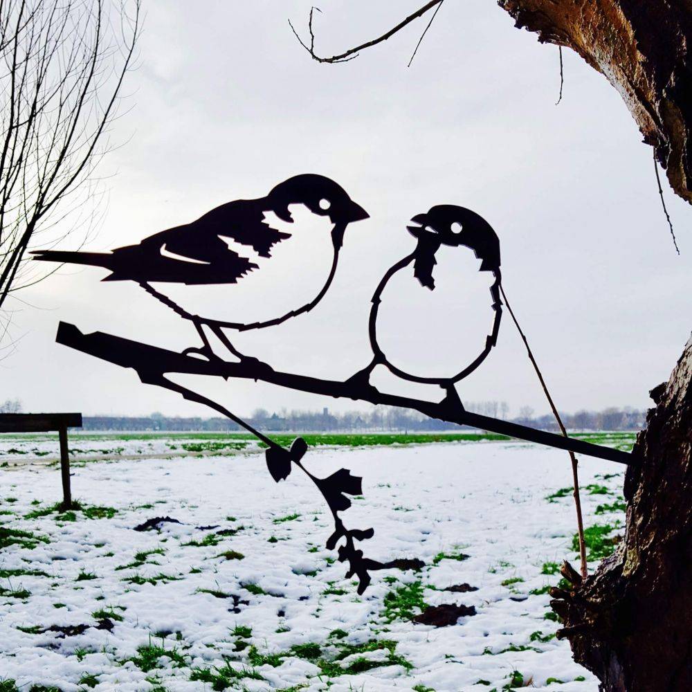 Metalbird - Oiseaux sur pique couple de moineaux en acier corten Hauteur 14cm - Image 4