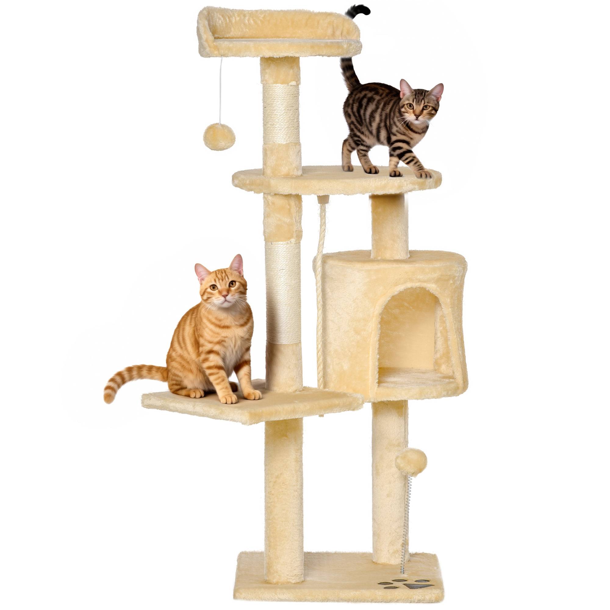 arbre à chat beige 114 cm griffoir plateformes niches balles peluche chat intérieur compact stable - Image 1