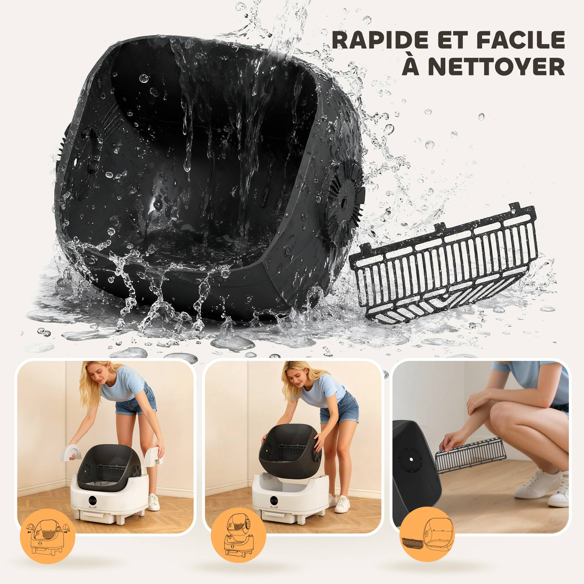 Litière chat autonettoyante bac à litière pour chat automatique ouvert isolation des odeurs/protection de sécurité blanc - Image 9
