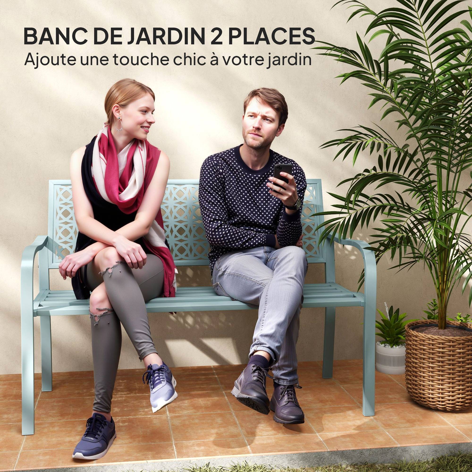 Outsunny - Banc de jardin 2 places - dossier ajouré - en acier - pour balcon, terrasse, patio, véranda - 127 x 63 x 85 cm - bleu - Outsunny - Image 7
