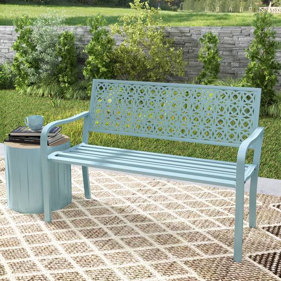 Outsunny - Banc de jardin 2 places - dossier ajouré - en acier - pour balcon, terrasse, patio, véranda - 127 x 63 x 85 cm - bleu - Outsunny - Image 4