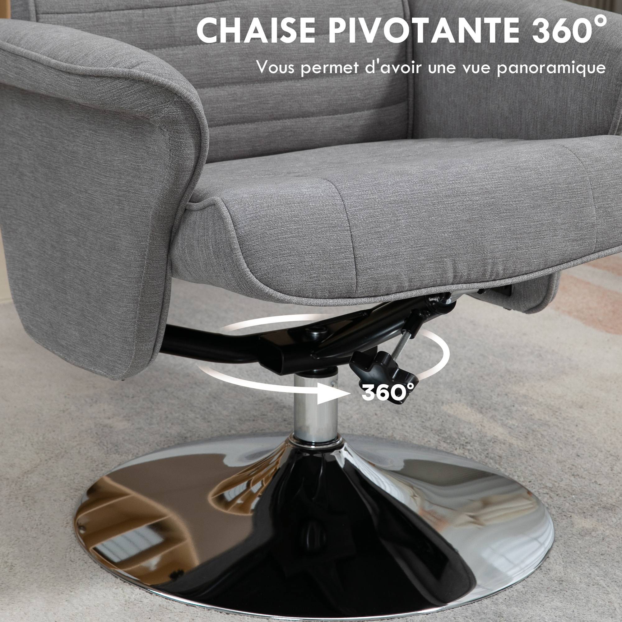 Fauteuil relax inclinable 135° pivotant 360° avec repose-pieds revêtement tissu gris - Image 7