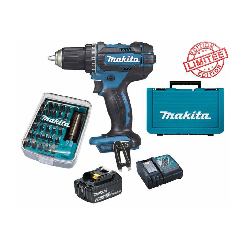 Pack cadeau Makita Perceuse visseuse 18V 62Nm DDF482 + 1 batt 3 Ah + 30 embouts de vissage + porte-embout magnétique - Image 1
