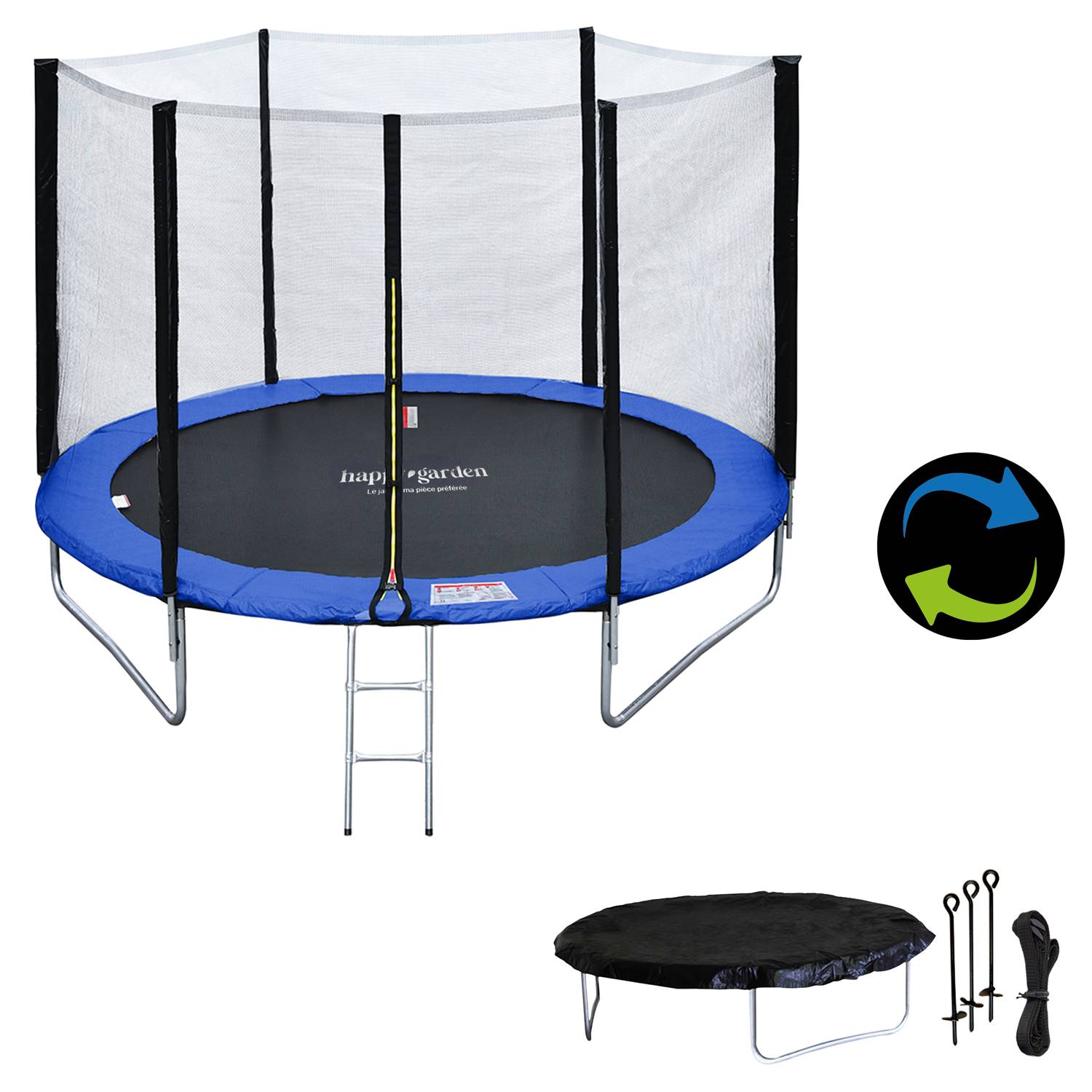 Pack Premium Trampoline 245cm réversible bleu / vert CANBERRA + filet, échelle, bâche et kit d'ancrage - HAPPY GARDEN - Image 2
