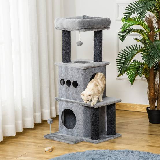 Arbre à chat design moderne pour chat avec 2 niches et lit 100 cm gris - ComfortXL Outdoor Living - Image 3