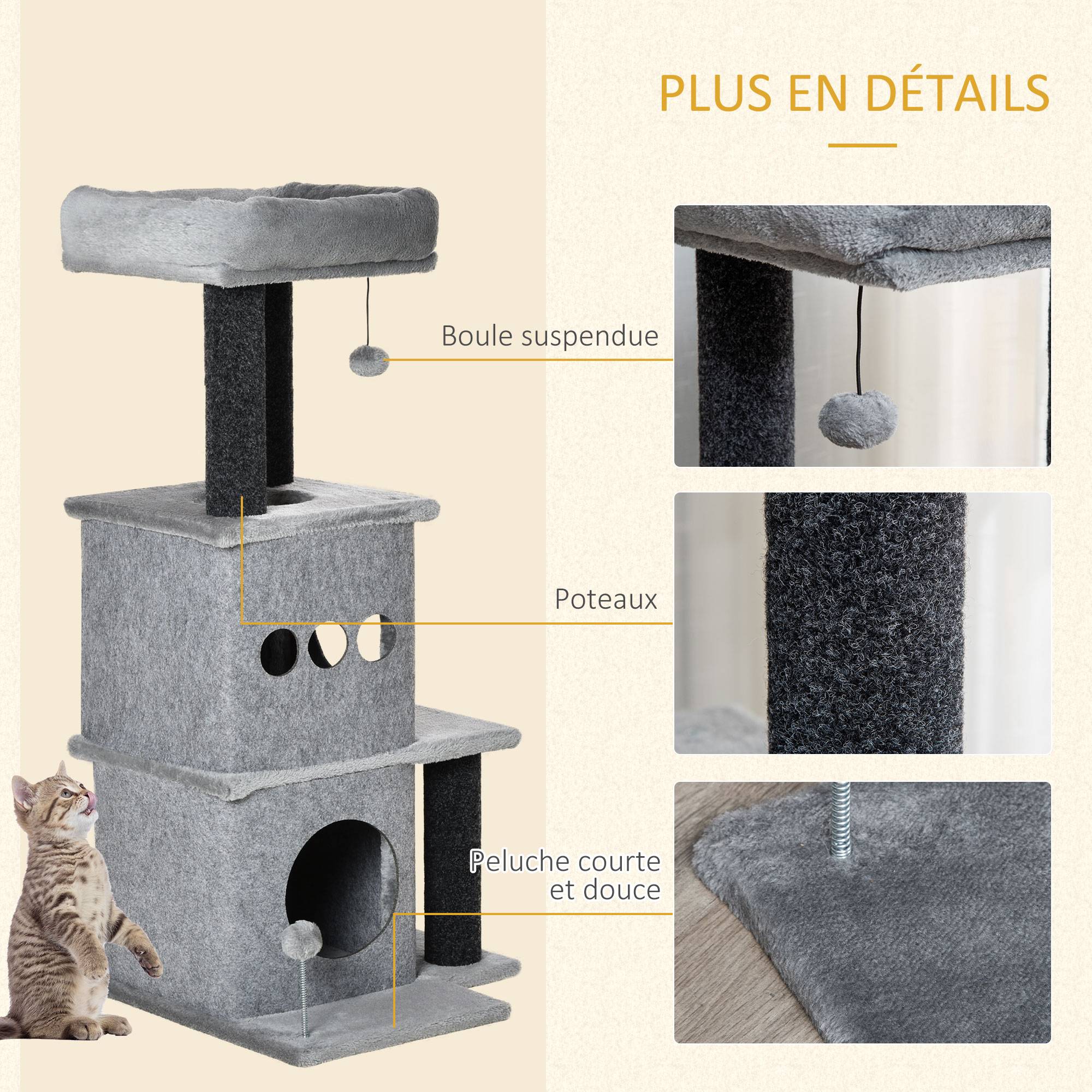 Arbre à chat design moderne pour chat avec 2 niches et lit 100 cm gris - ComfortXL Outdoor Living - Image 9