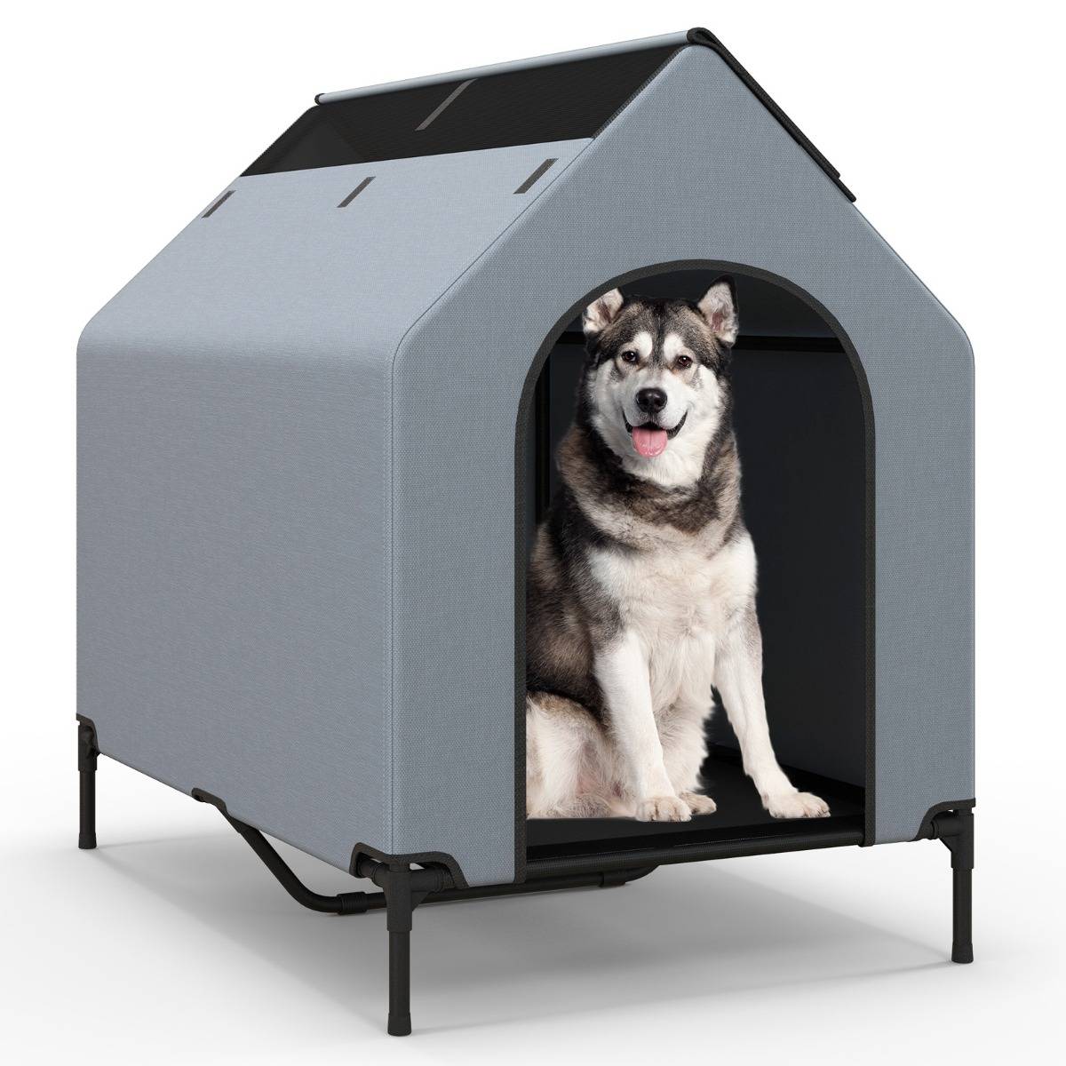 Niche Surélevée de 110 cm pour Petits Chiens Fenêtre Ventilée Housse Amovible Intérieur Extérieur Lit pour Animaux de Compagnie Gris