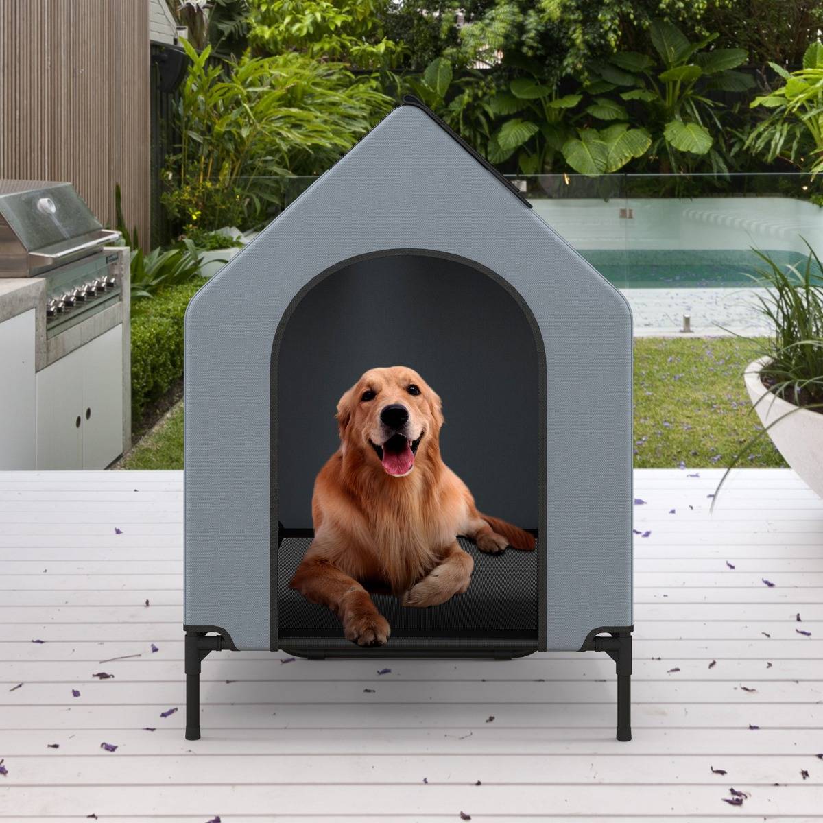Niche Surélevée de 110 cm pour Petits Chiens Fenêtre Ventilée Housse Amovible Intérieur Extérieur Lit pour Animaux de Compagnie Gris - Image 3