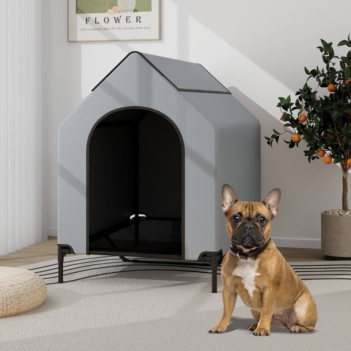 Niche Surélevée de 110 cm pour Petits Chiens Fenêtre Ventilée Housse Amovible Intérieur Extérieur Lit pour Animaux de Compagnie Gris - Image 4