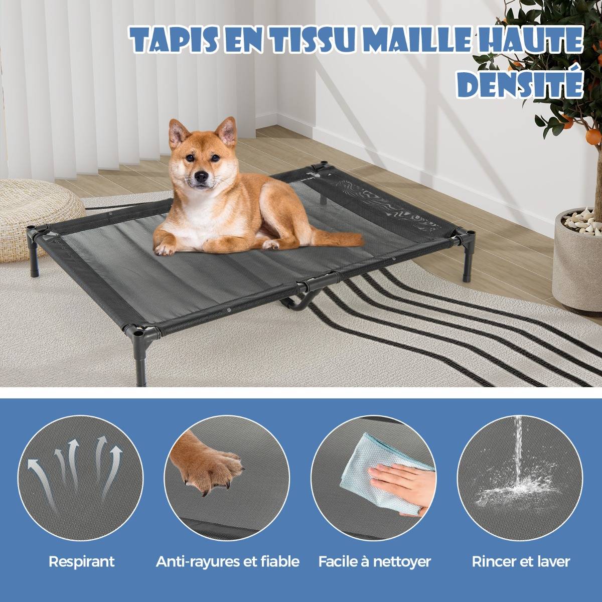 Niche Surélevée de 110 cm pour Petits Chiens Fenêtre Ventilée Housse Amovible Intérieur Extérieur Lit pour Animaux de Compagnie Gris - Image 6