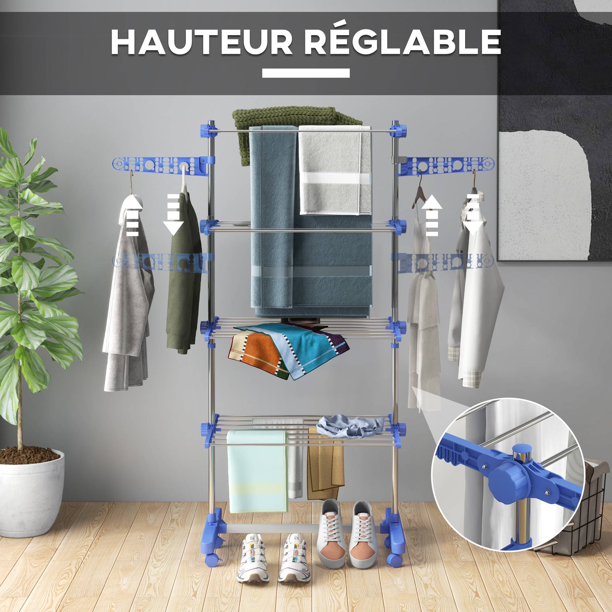 Homcom - Séchoir à Linge Pliable Ailes Latérales 142 cm Intérieur/Extérieur 4 Niveaux Bleu - HOMCOM - Image 8