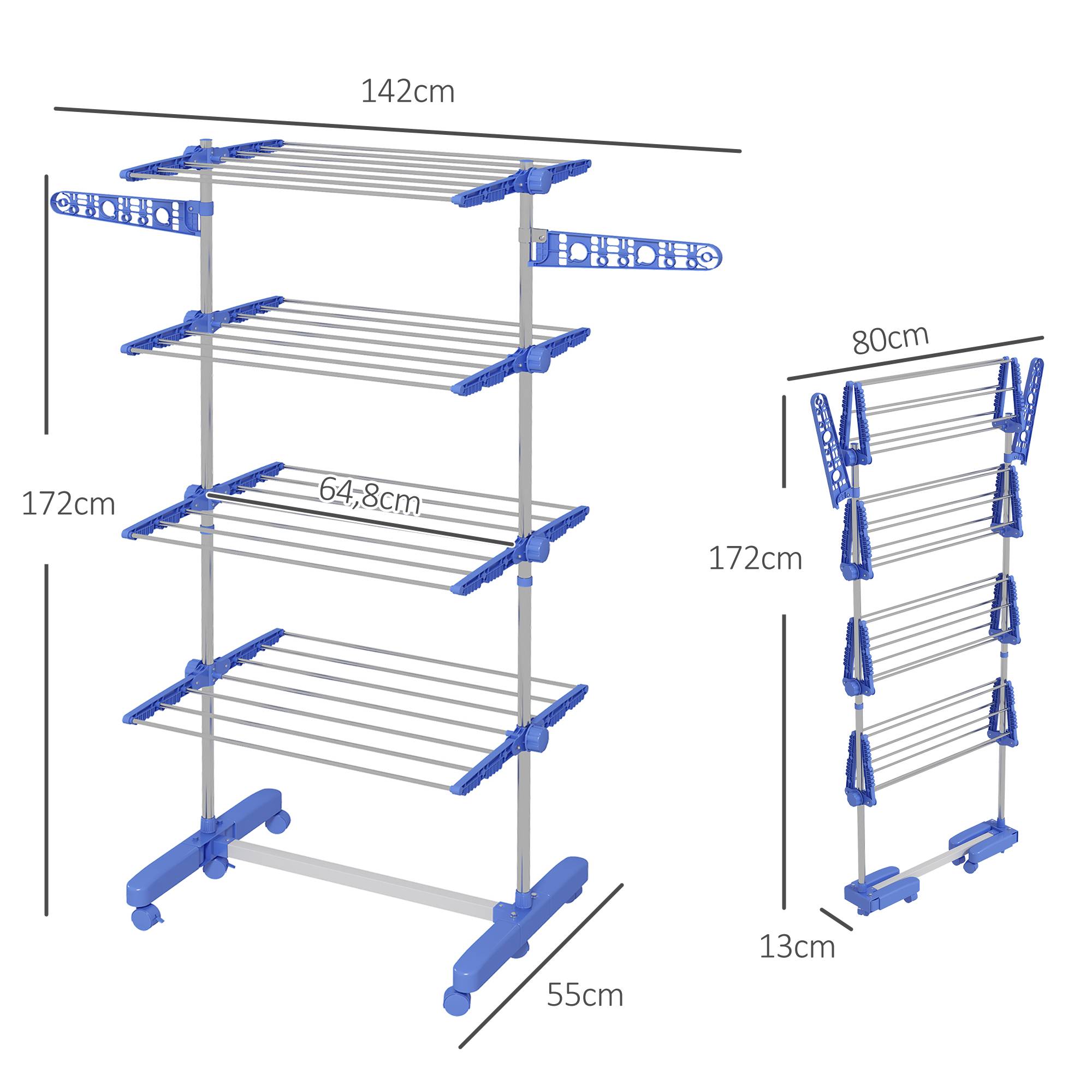 Homcom - Séchoir à Linge Pliable Ailes Latérales 142 cm Intérieur/Extérieur 4 Niveaux Bleu - HOMCOM - Image 3