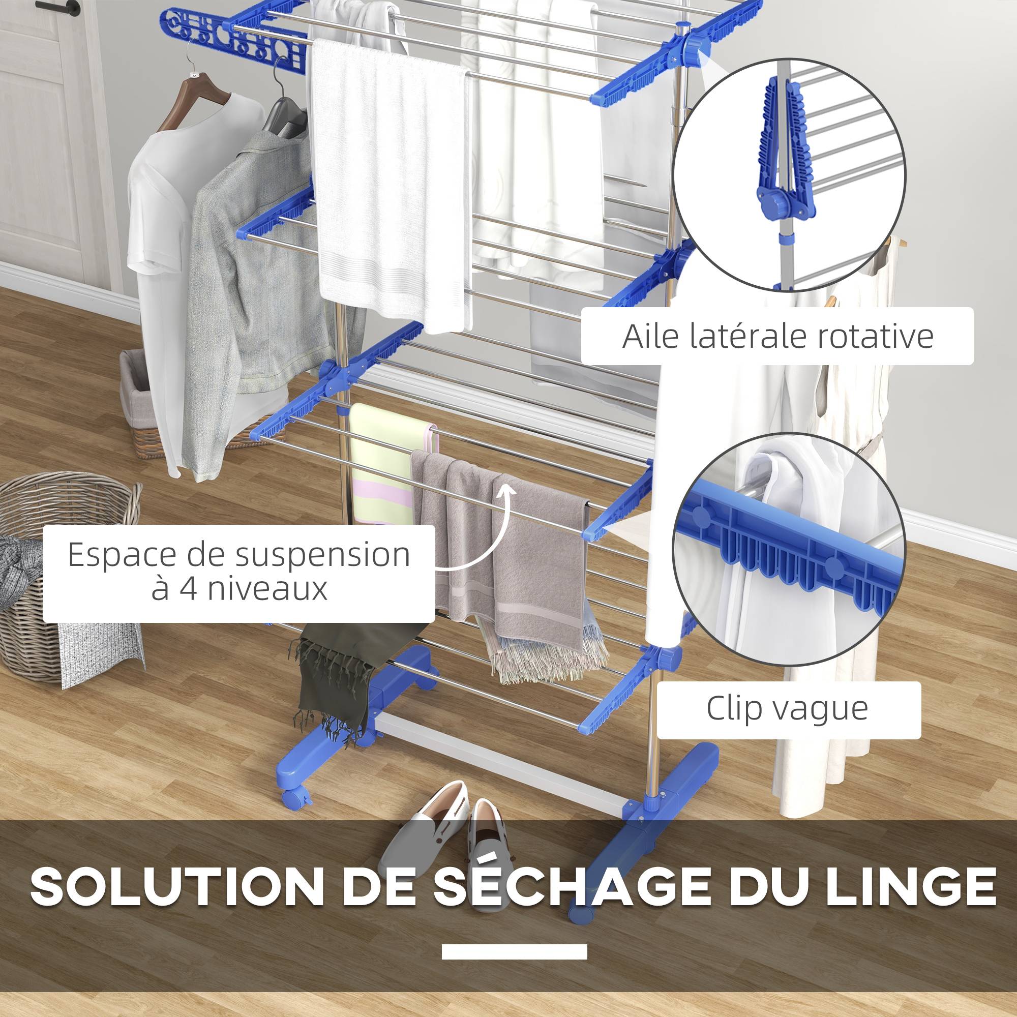 Homcom - Séchoir à Linge Pliable Ailes Latérales 142 cm Intérieur/Extérieur 4 Niveaux Bleu - HOMCOM - Image 5