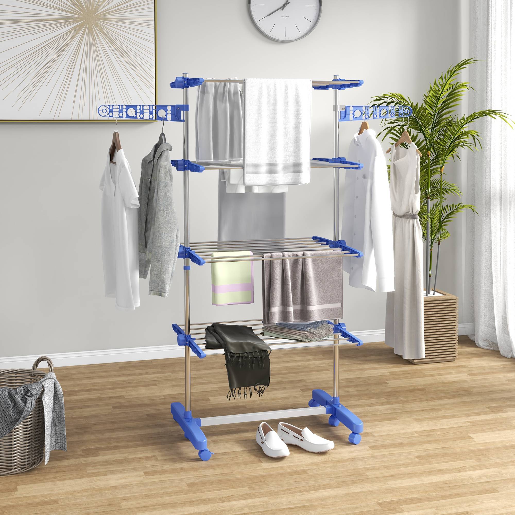 Homcom - Séchoir à Linge Pliable Ailes Latérales 142 cm Intérieur/Extérieur 4 Niveaux Bleu - HOMCOM - Image 4