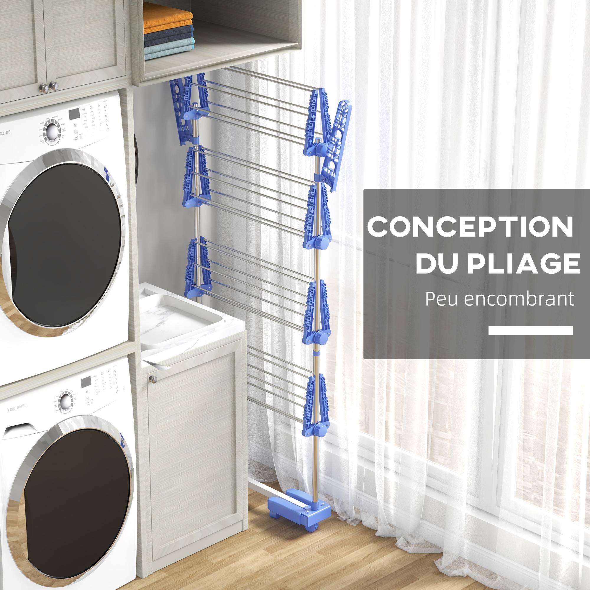 Homcom - Séchoir à Linge Pliable Ailes Latérales 142 cm Intérieur/Extérieur 4 Niveaux Bleu - HOMCOM - Image 6