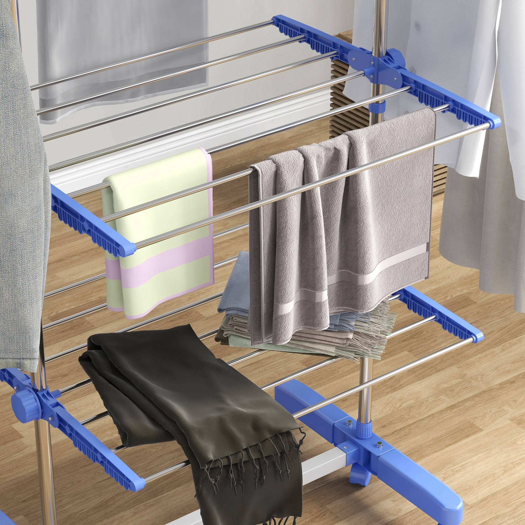Homcom - Séchoir à Linge Pliable Ailes Latérales 142 cm Intérieur/Extérieur 4 Niveaux Bleu - HOMCOM - Image 9