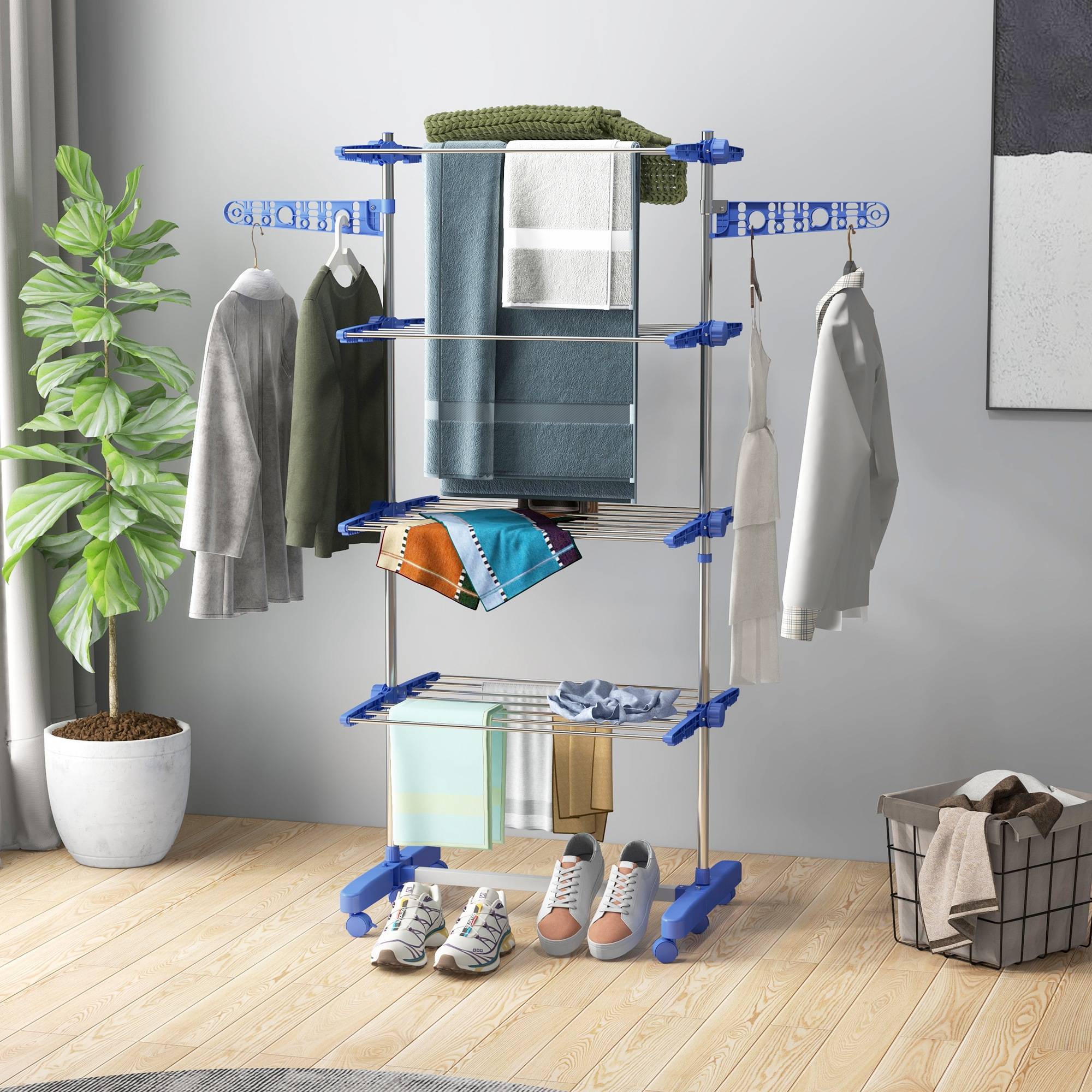 Homcom - Séchoir à Linge Pliable Ailes Latérales 142 cm Intérieur/Extérieur 4 Niveaux Bleu - HOMCOM - Image 2