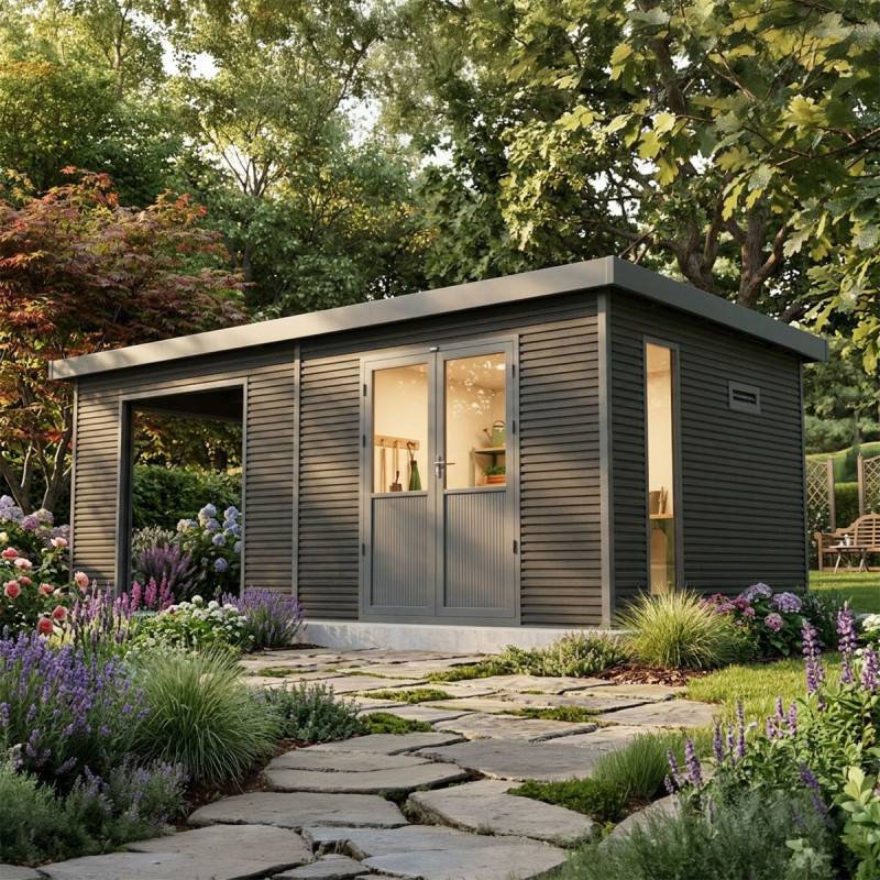 Barac - Abri de jardin en bois composite 28mm - Onyx 63 - 18m² - Gris - Image 5