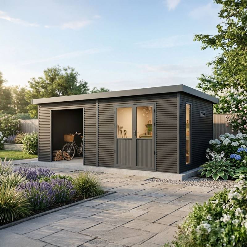 Barac - Abri de jardin en bois composite 28mm - Onyx 63 - 18m² - Gris - Image 3