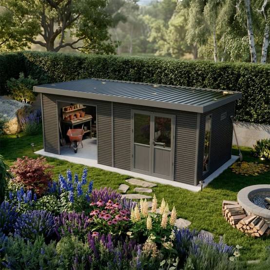 Barac - Abri de jardin en bois composite 28mm - Onyx 63 - 18m² - Gris - Image 1