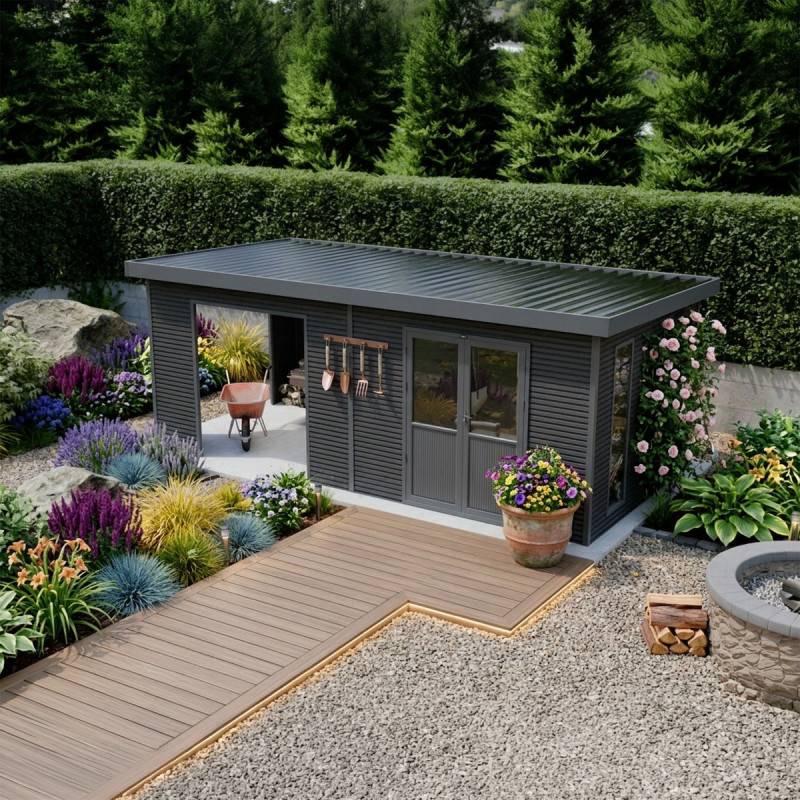 Barac - Abri de jardin en bois composite 28mm - Onyx 63 - 18m² - Gris - Image 7
