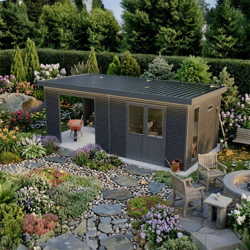 Barac - Abri de jardin en bois composite 28mm - Onyx 63 - 18m² - Gris - Image 10