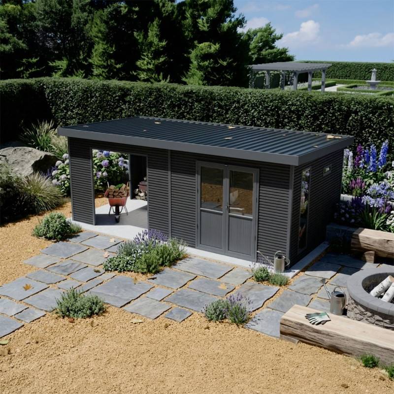 Barac - Abri de jardin en bois composite 28mm - Onyx 63 - 18m² - Gris - Image 6